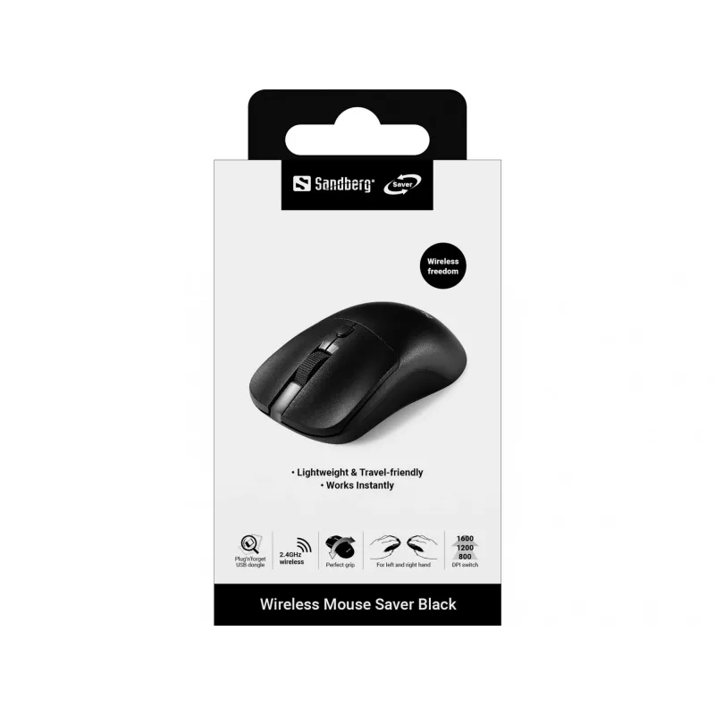 Sandberg Wireless mysz Saver Czarny, symetryczna, RF Wireless, 1600 DPI, czarny