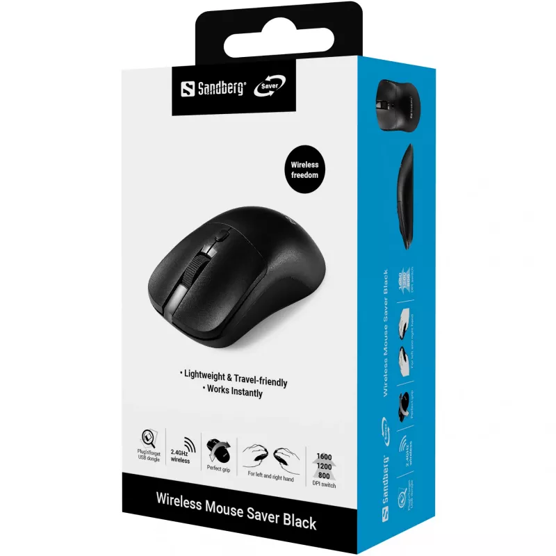 Sandberg Wireless mysz Saver Czarny, symetryczna, RF Wireless, 1600 DPI, czarny
