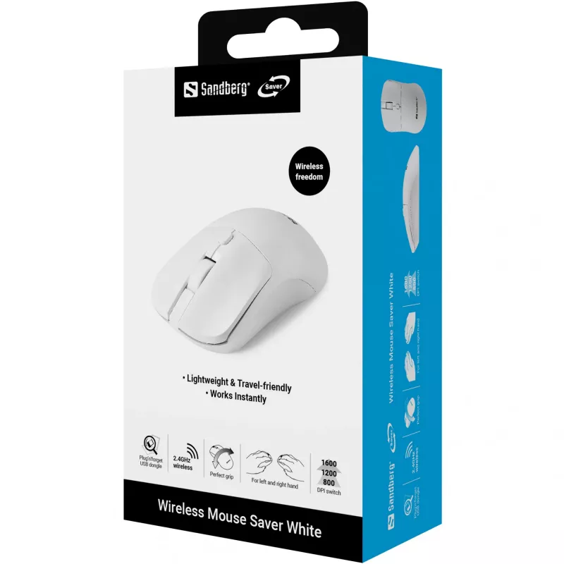 Sandberg Wireless mysz Saver biały, symetryczna, RF Wireless, 1600 DPI, biały