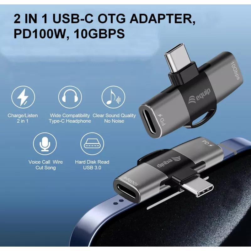 Adapter USB-C OTG 2-w-1 EQUIP 133479 — 100W PD, 10Gbps, 1x USB-C do 2x USB-C, szary