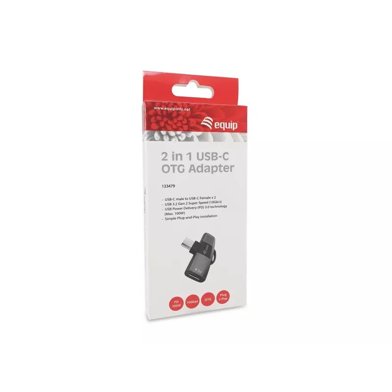 Adapter USB-C OTG 2-w-1 EQUIP 133479 — 100W PD, 10Gbps, 1x USB-C do 2x USB-C, szary