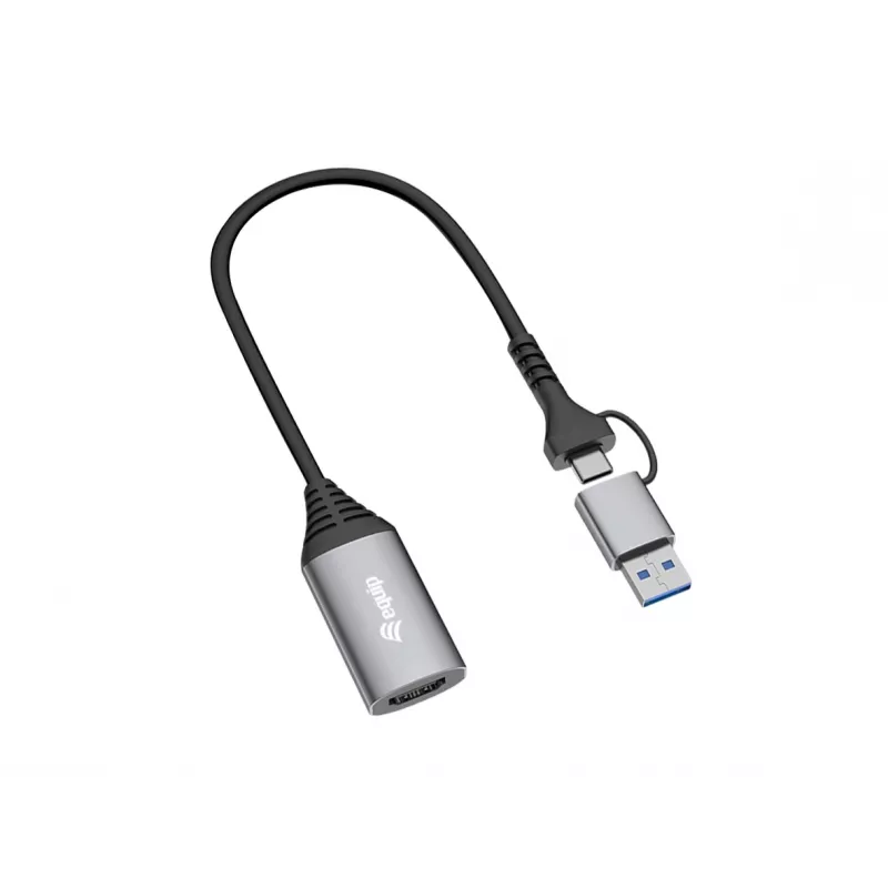 Przejściówka USB na HDMI EQUIP 133498 (wtyki USB-C i USB-A męskie na HDMI, 1080p, obudowa aluminiowa, szara)