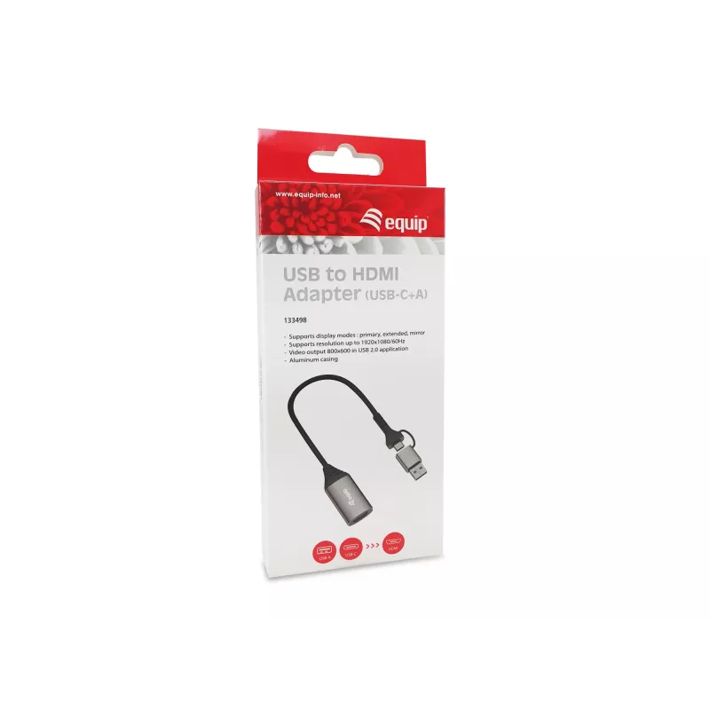 Przejściówka USB na HDMI EQUIP 133498 (wtyki USB-C i USB-A męskie na HDMI, 1080p, obudowa aluminiowa, szara)