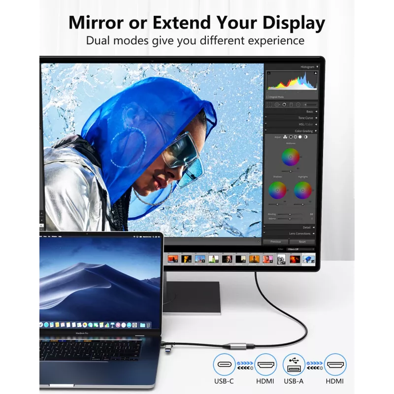 Przejściówka USB na HDMI EQUIP 133498 (wtyki USB-C i USB-A męskie na HDMI, 1080p, obudowa aluminiowa, szara)