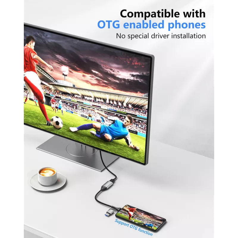 Przejściówka USB na HDMI EQUIP 133498 (wtyki USB-C i USB-A męskie na HDMI, 1080p, obudowa aluminiowa, szara)