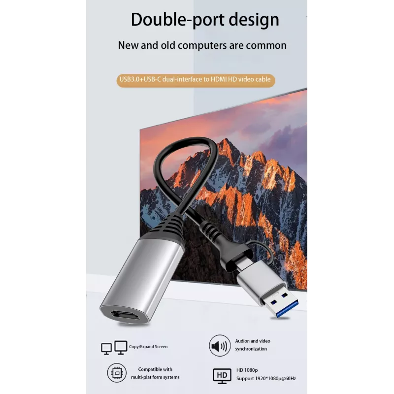 Przejściówka USB na HDMI EQUIP 133498 (wtyki USB-C i USB-A męskie na HDMI, 1080p, obudowa aluminiowa, szara)