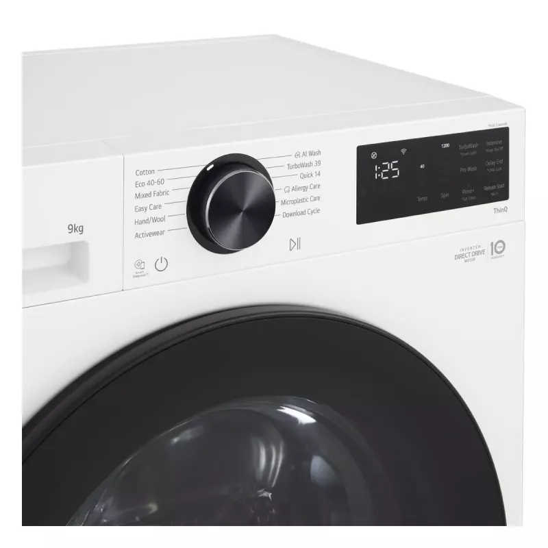 Pralka LG F2X50S9TWB, ładowana od przodu, 9 kg, 1170 obr./min, klasa energetyczna A, 600×535×850 mm, biała