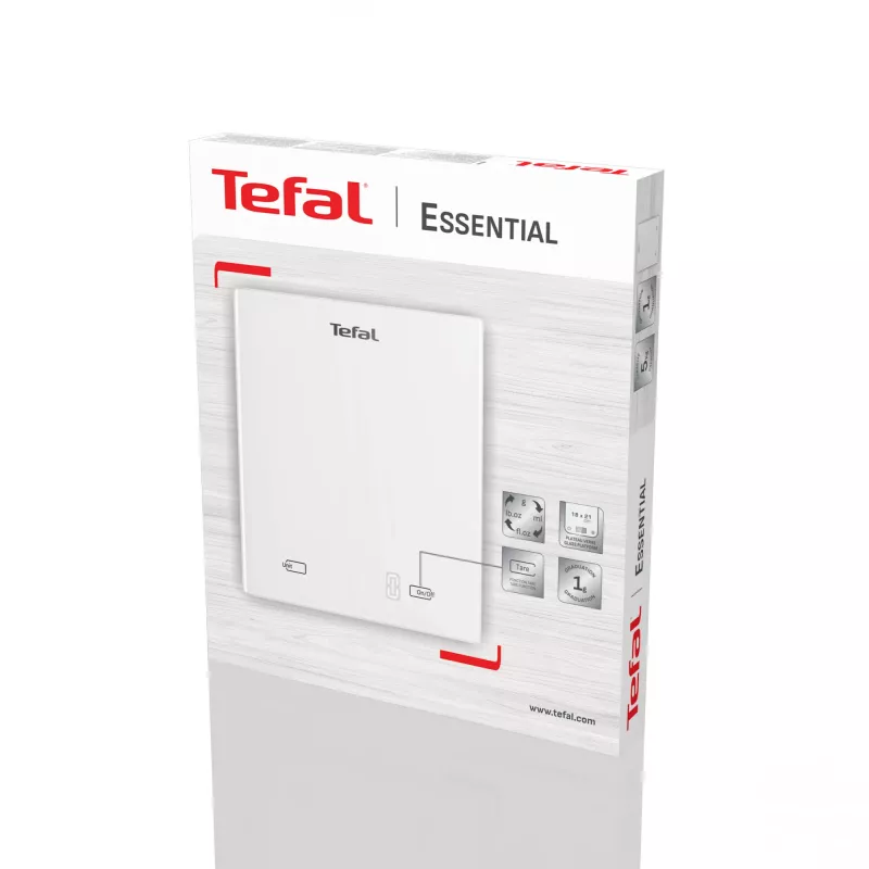 Elektroniczna waga kuchenna Tefal Essential BC5504V0 — pojemność 5 kg, dokładność 1 g, wyświetlacz LCD, biała