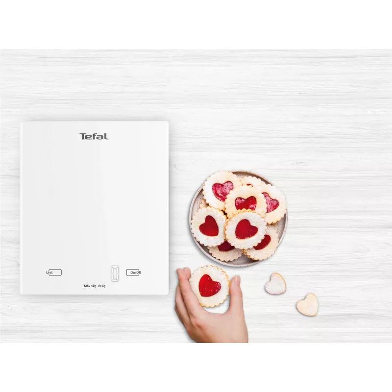 Elektroniczna waga kuchenna Tefal Essential BC5504V0 — pojemność 5 kg, dokładność 1 g, wyświetlacz LCD, biała