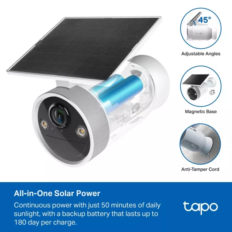 TP-Link Tapo Enhanced AI Solar Security Camera Ultra, Bezprzewodowa, Bullet, Wi-Fi, Zewnętrzna, 850 nm, 512 GB