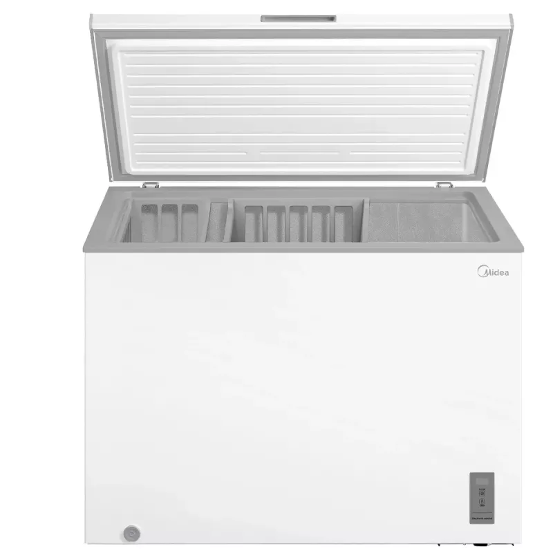 Zamrażarka skrzyniowa Midea MDRC411FZE01 — wolnostojąca, pojemność 293 l, klasa energetyczna E, wydajność zamrażania 14 kg/24h, biała