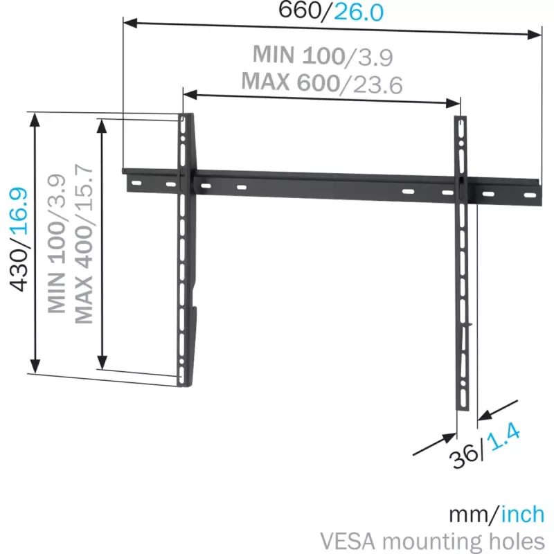 Vogel's uchwyt ścienny MNT 300 do płaskich ekranów do 2,03 m (80 cali), obciążenie 100 kg, VESA 100x100–600x400, czarny