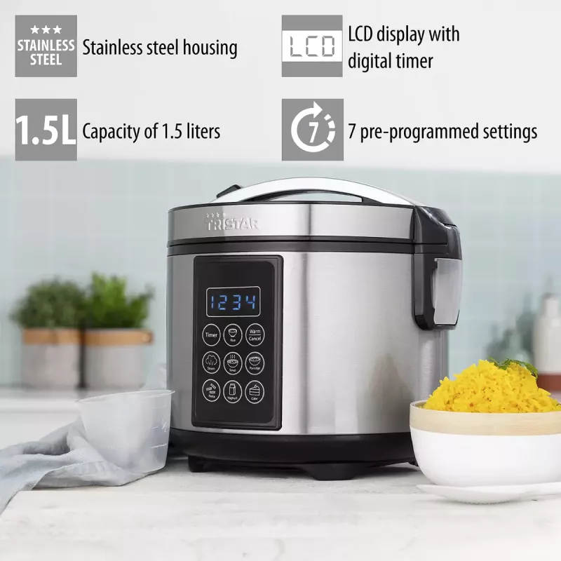 Multicooker Tristar RK-6132 — 1,5 L, 500 W, 7 programów automatycznych, LCD, stal nierdzewna/czarny