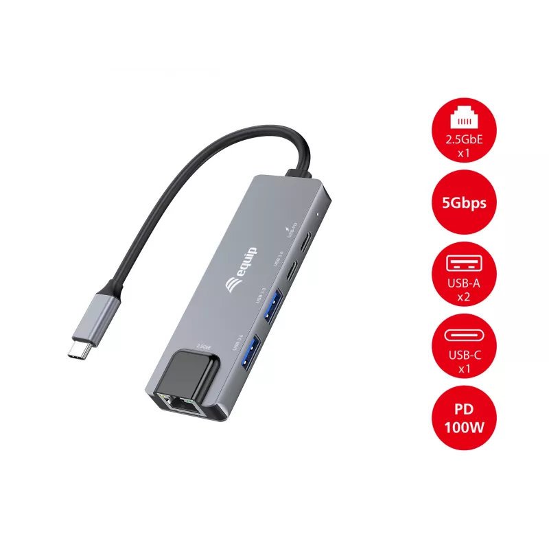 Equip 5 w 1 wielofunkcyjny adapter, 2.5GbE, USB-A x 2, USB-C x 1, USB-C, 100 W USB PD