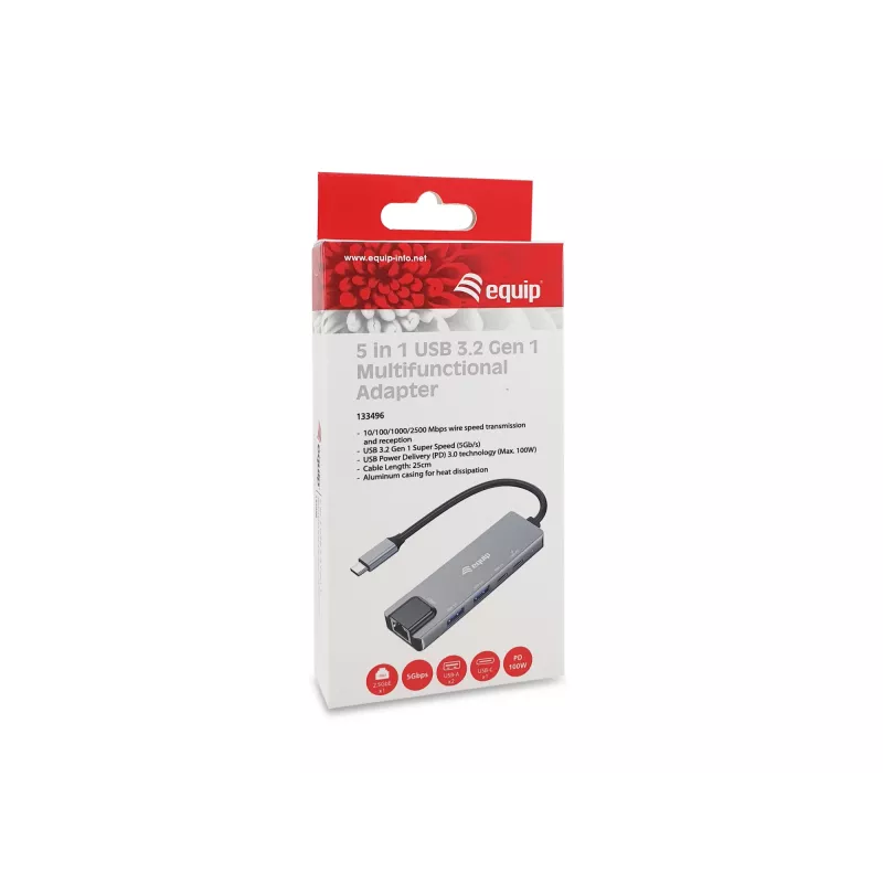 Equip 5 w 1 wielofunkcyjny adapter, 2.5GbE, USB-A x 2, USB-C x 1, USB-C, 100 W USB PD
