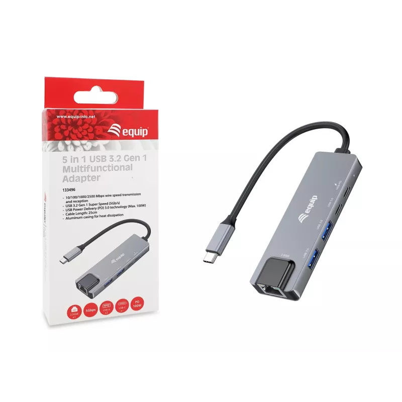 Equip 5 w 1 wielofunkcyjny adapter, 2.5GbE, USB-A x 2, USB-C x 1, USB-C, 100 W USB PD