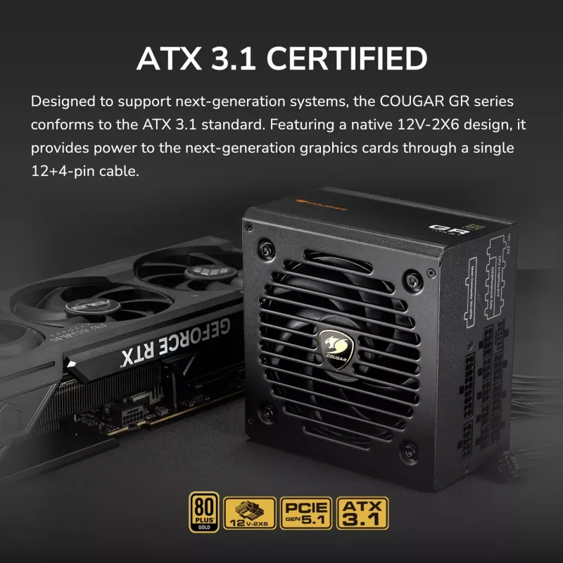 Zasilacz Cougar GR 850W ATX3.1 PCIe 5.1 80 PLUS Gold, 850 W, 20+4 pin ATX, wentylator 120 mm, czarny