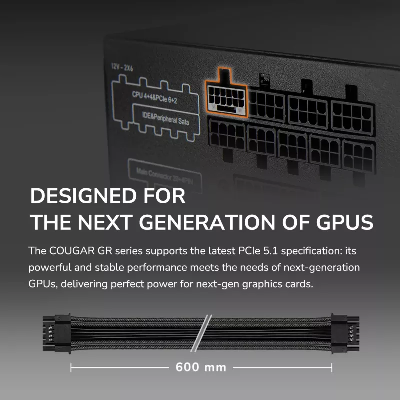 Zasilacz Cougar GR 850W ATX3.1 PCIe 5.1 80 PLUS Gold, 850 W, 20+4 pin ATX, wentylator 120 mm, czarny