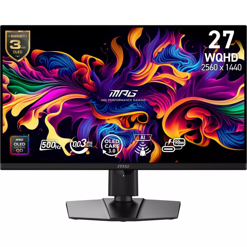Monitor komputerowy MSI MPG 271QRDE QD-OLED X50, 26,5 cala (67,3 cm), 2560×1440, QD-OLED, 1 ms, 16:9, koncentrator USB 2.0, montaż VESA, regulacja wysokości, czarny