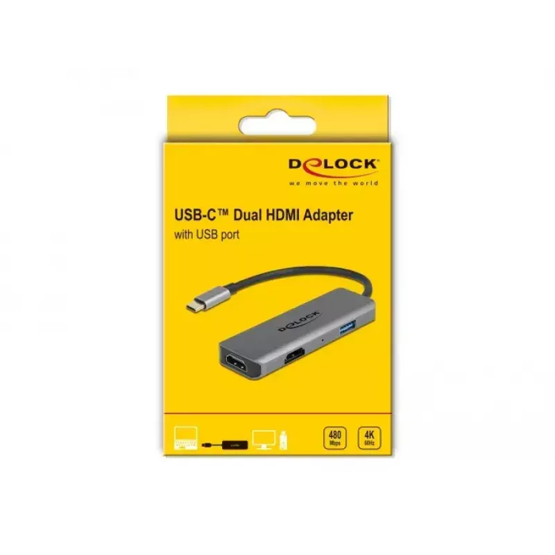 Adapter DeLOCK USB typu C z podwójnym wyjściem HDMI 4K 60 Hz i portem USB