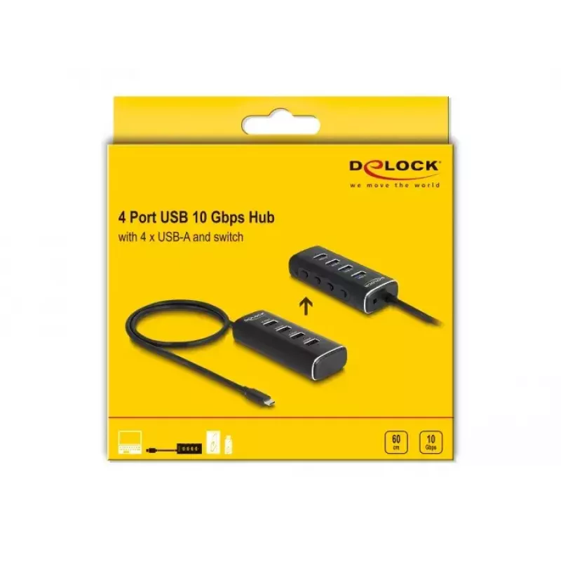 DeLOCK 4-portowy hub USB 10 Gb/s Type-C z kablem 60 cm i przełącznikami