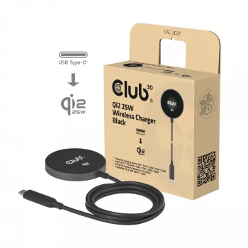 Ładowarka bezprzewodowa CLUB3D CAC-3027 Qi2 25W podkładka magnetyczna kompatybilna z MagSafe, ładowarka DC do użytku wewnętrznego, kabel 1 m, czarna