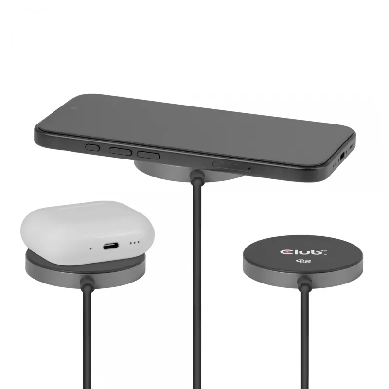 Ładowarka bezprzewodowa CLUB3D CAC-3027 Qi2 25W podkładka magnetyczna kompatybilna z MagSafe, ładowarka DC do użytku wewnętrznego, kabel 1 m, czarna