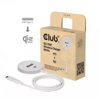 Ładowarka bezprzewodowa club 3d CAC-3026 25W Qi2 podkładka magnetyczna, kompatybilna z Qi 2.2 MagSafe, kabel 1 m, biała