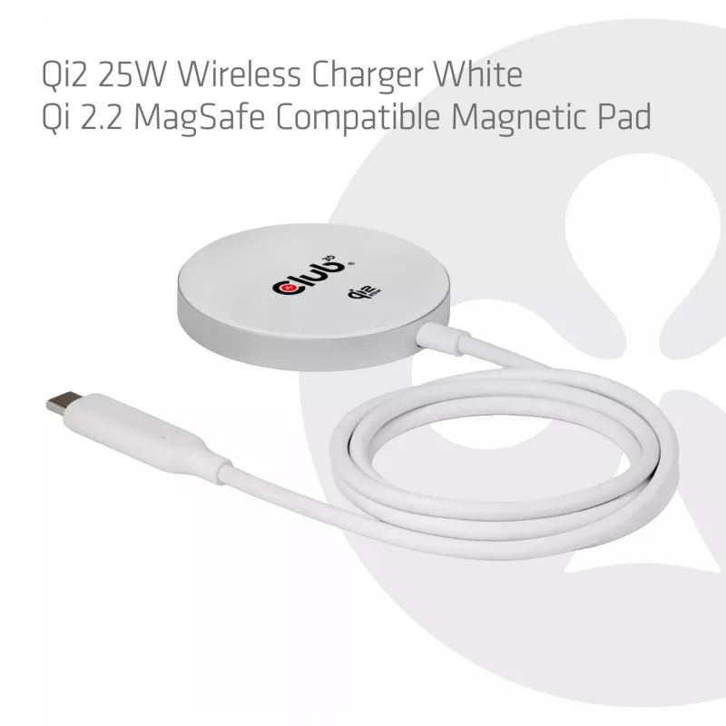 Ładowarka bezprzewodowa club 3d CAC-3026 25W Qi2 podkładka magnetyczna, kompatybilna z Qi 2.2 MagSafe, kabel 1 m, biała