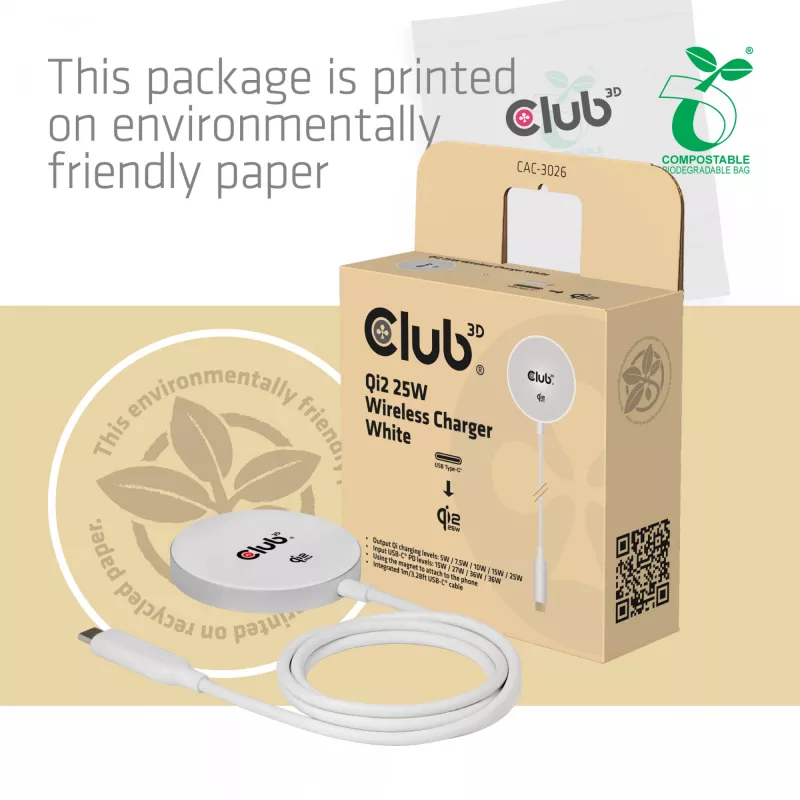 Ładowarka bezprzewodowa club 3d CAC-3026 25W Qi2 podkładka magnetyczna, kompatybilna z Qi 2.2 MagSafe, kabel 1 m, biała
