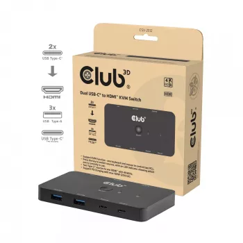 KVM switch Club 3D Dual USB-C do HDMI, 2-portowy, 4K UHD 3840x2160, konsola USB-C, 65W PD, czarny