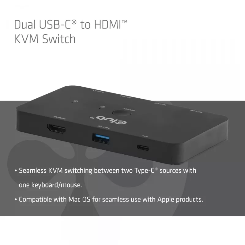KVM switch Club 3D Dual USB-C do HDMI, 2-portowy, 4K UHD 3840x2160, konsola USB-C, 65W PD, czarny