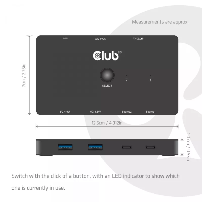 KVM switch Club 3D Dual USB-C do HDMI, 2-portowy, 4K UHD 3840x2160, konsola USB-C, 65W PD, czarny
