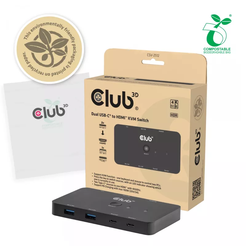 KVM switch Club 3D Dual USB-C do HDMI, 2-portowy, 4K UHD 3840x2160, konsola USB-C, 65W PD, czarny