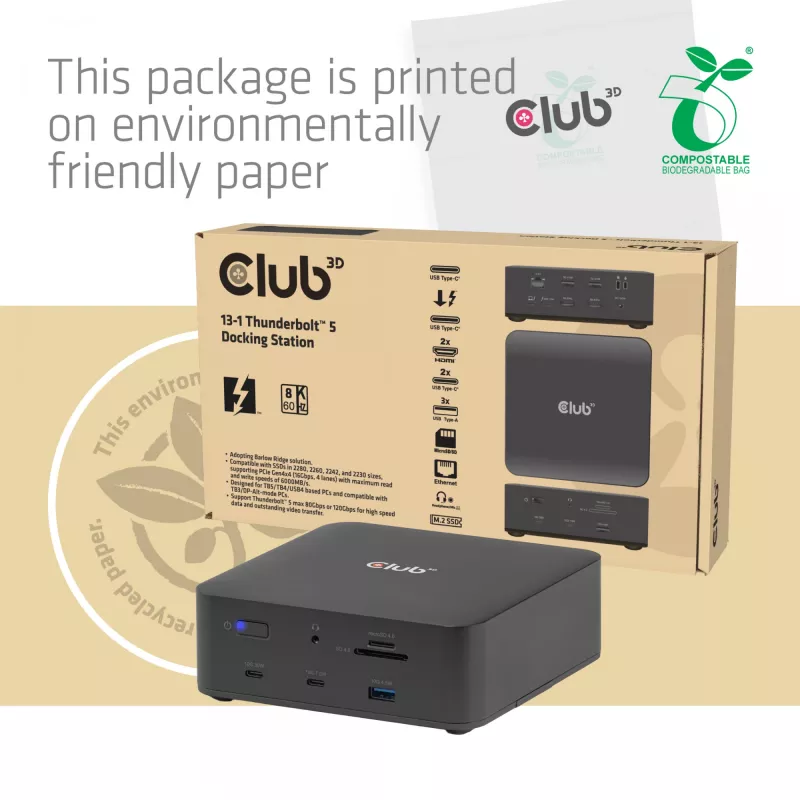 Stacja dokująca CLUB3D CSV-2562 Thunderbolt 5, M.2 SSD, 2×HDMI 8K60Hz, 180W, 120 Gbit/s