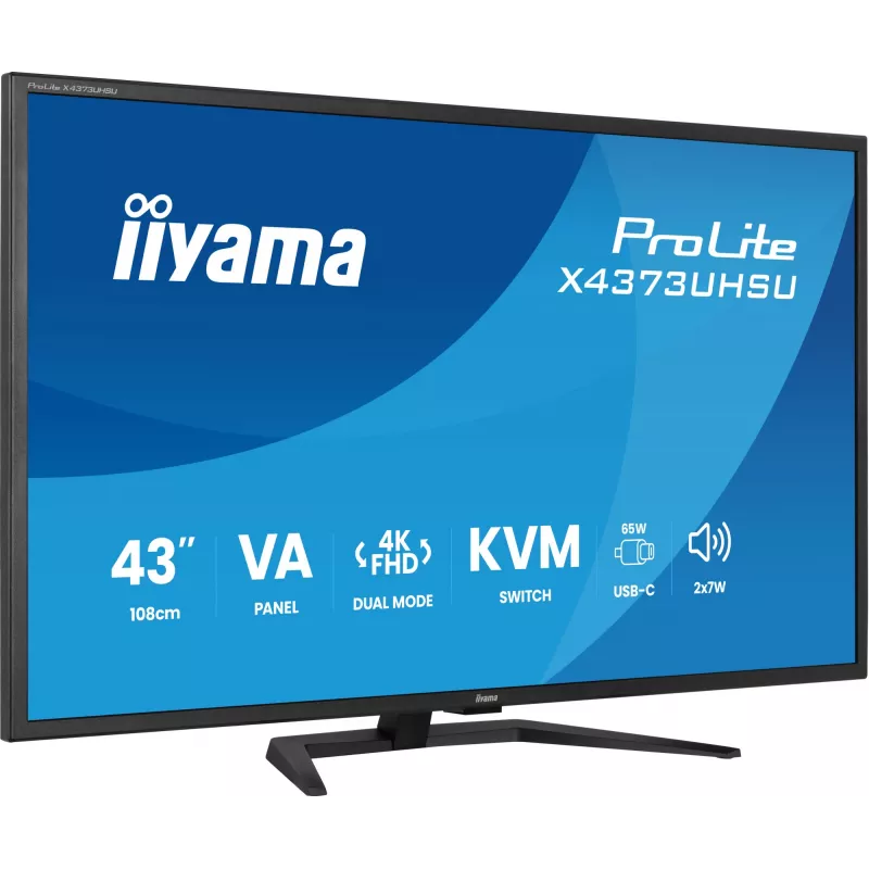 43-calowy monitor IIYAMA ProLite X4373UHSU-B2 LED 4K Ultra HD, 3840×2160, panel VA, 3 ms, 450 cd/m², hub USB 3.2, głośniki, VESA, czarny
