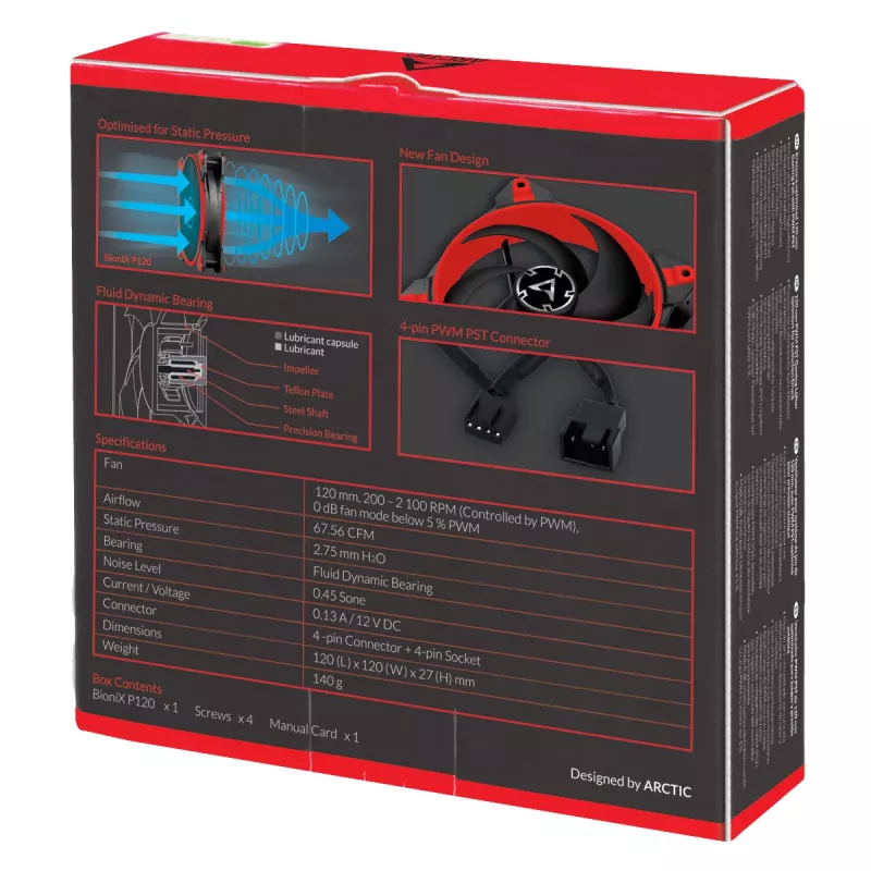 ARCTIC BioniX P120 (czerwony) – zoptymalizowany pod kątem ciśnienia wentylator gamingowy 120 mm z PWM PST