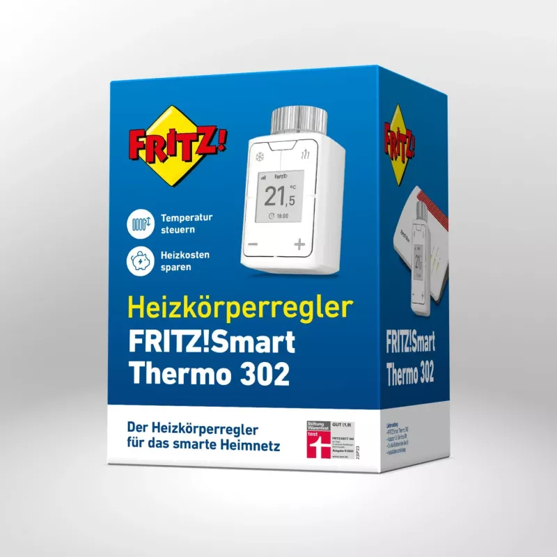 FRITZ Smart Thermo 302 termostat (wewnętrzny), biały, sterowanie przyciskami, bateria AA, 51×51×90 mm