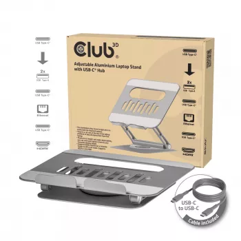 CLUB3D Regulowany aluminiowy stojak na laptopa z hubem USB-C®, szary, 260 mm, 224 mm, 56 mm, 1,76 kg, 315 mm