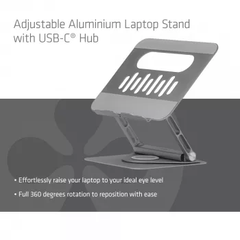 CLUB3D Regulowany aluminiowy stojak na laptopa z hubem USB-C®, szary, 260 mm, 224 mm, 56 mm, 1,76 kg, 315 mm