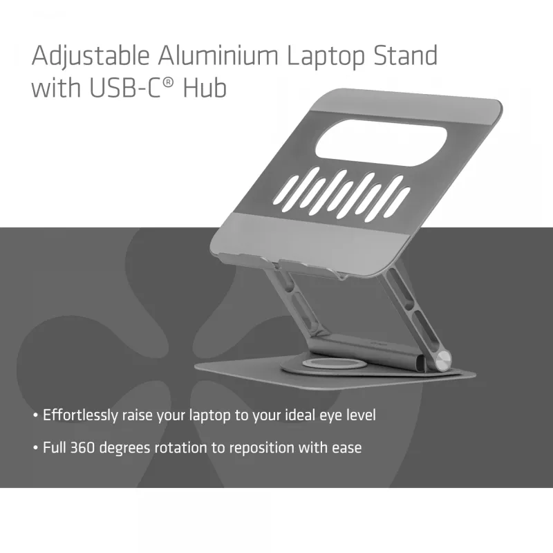 CLUB3D Regulowany aluminiowy stojak na laptopa z hubem USB-C®, szary, 260 mm, 224 mm, 56 mm, 1,76 kg, 315 mm