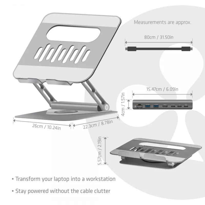 CLUB3D Regulowany aluminiowy stojak na laptopa z hubem USB-C®, szary, 260 mm, 224 mm, 56 mm, 1,76 kg, 315 mm