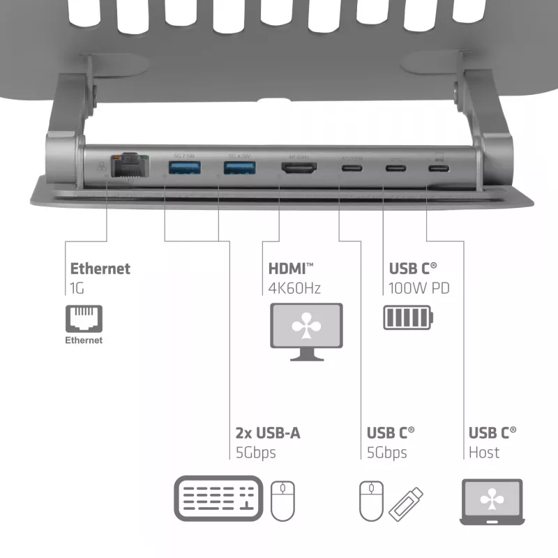 CLUB3D Regulowany aluminiowy stojak na laptopa z hubem USB-C®, szary, 260 mm, 224 mm, 56 mm, 1,76 kg, 315 mm