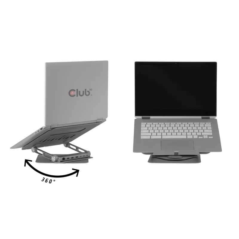 CLUB3D Regulowany aluminiowy stojak na laptopa z hubem USB-C®, szary, 260 mm, 224 mm, 56 mm, 1,76 kg, 315 mm