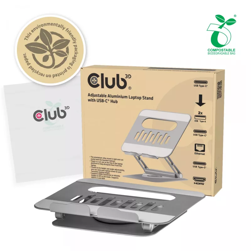 CLUB3D Regulowany aluminiowy stojak na laptopa z hubem USB-C®, szary, 260 mm, 224 mm, 56 mm, 1,76 kg, 315 mm