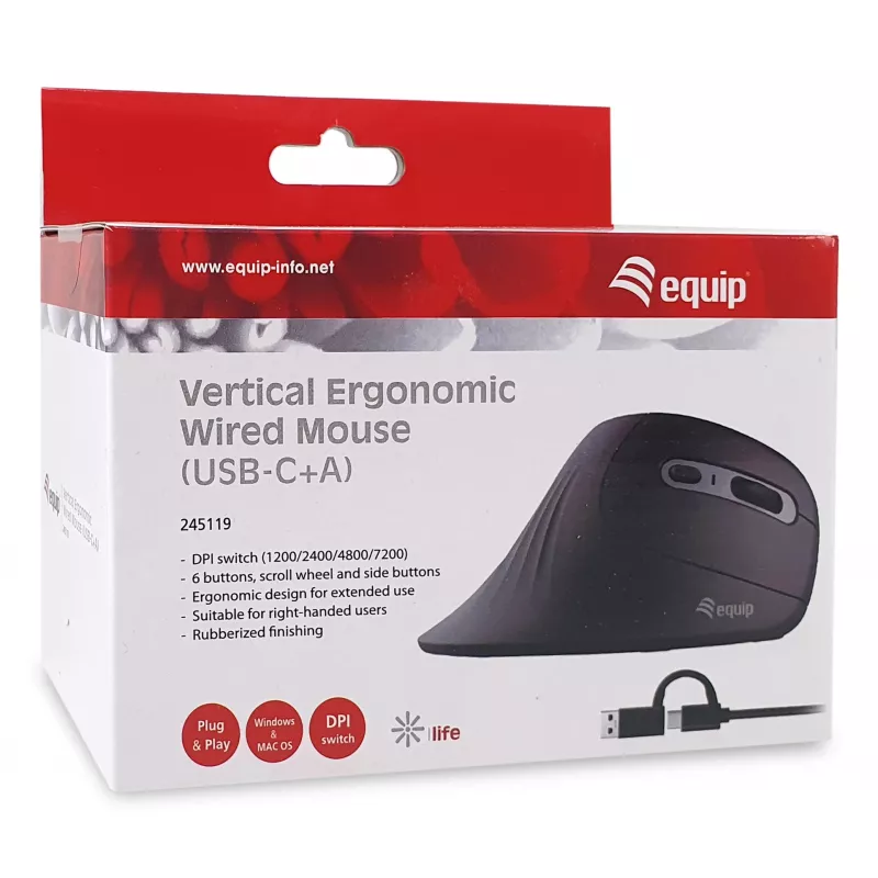 Mysz Equip 245119 uniwersalna praworęczna USB typu A + USB typu C optyczna 7200 DPI