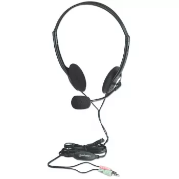 Manhattan Stereofoniczny zestaw słuchawkowy nauszny (3,5 mm), mikrofon na wysięgniku, regulacja głośności na kablu, piankowe nauszniki, standardowe 2x wtyk stereo jack 3,5 mm (audio/mikrofon), kabel 2 m, czarny, trzyletnia gwarancja