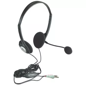 Manhattan Stereofoniczny zestaw słuchawkowy nauszny (3,5 mm), mikrofon na wysięgniku, regulacja głośności na kablu, piankowe nauszniki, standardowe 2x wtyk stereo jack 3,5 mm (audio/mikrofon), kabel 2 m, czarny, trzyletnia gwarancja