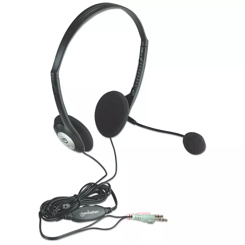 Manhattan Stereofoniczny zestaw słuchawkowy nauszny (3,5 mm), mikrofon na wysięgniku, regulacja głośności na kablu, piankowe nauszniki, standardowe 2x wtyk stereo jack 3,5 mm (audio/mikrofon), kabel 2 m, czarny, trzyletnia gwarancja
