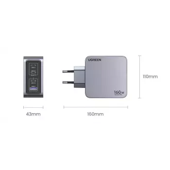 Ugreen Nexode Pro 160W GaN Charger with USB-C kabel Universal Czarny, szary AC Fast charging Indoor